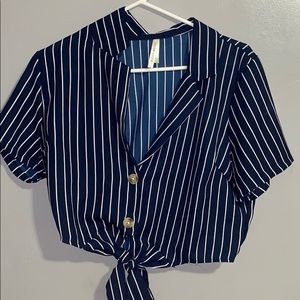 Navy Blue Striped Cropped Blouse